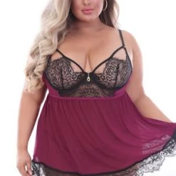 Seven 'til Midnight Plus Size Plus Lace And Mesh Babydoll And Panty Set