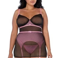 Dreamgirl Plus Flocked Pin Dot Stretch Mesh Garter Slip Clearance
