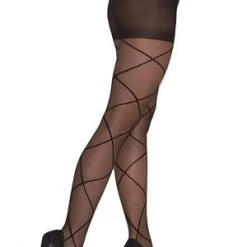 Elegant Moments Black Pantyhose With Sheer Criss Cross Detail Queen