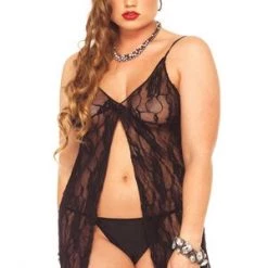 Leg Avenue Plus Black Romantic Lace Diva Babydoll Set