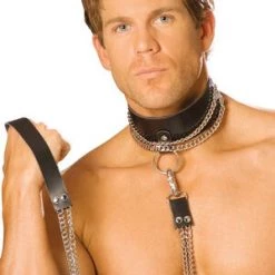 Elegant Moments Leather Choker W/Chain & Leash