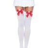 Leg Avenue White And Red Opaque Thigh High With Bow Hosiery