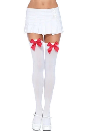 Leg Avenue White And Red Opaque Thigh High With Bow Hosiery 1 Leg Avenue White And Red Opaque Thigh High With Bow Hosiery