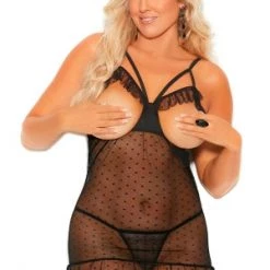 Elegant Moments Plus Dotted Mesh Babydoll & G-String