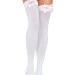 Leg Avenue White And Pink Opaque Thigh High With Bow Hosiery