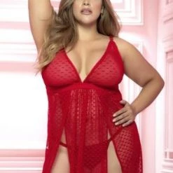 Espiral Plus Mini Hearts Print Babydoll With Matching G-String