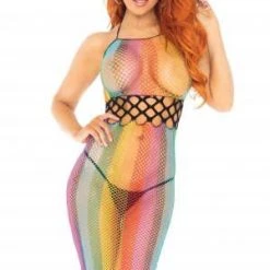 Leg Avenue Rainbow Fishnet Halter Dress