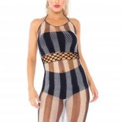 Leg Avenue Striped Fishnet Halter Dress