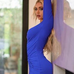 Yelete Blue Long Sleeve Cinched Bodycon Dress