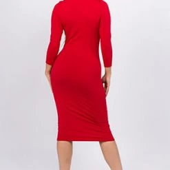 Yelete Red Mock Neck Midi Bodycon Dress Trending Sellers