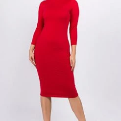 Yelete Red Mock Neck Midi Bodycon Dress Trending Sellers
