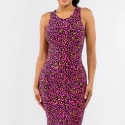 Yelete Bright Cheetah Midi Bodycon Tank Dress