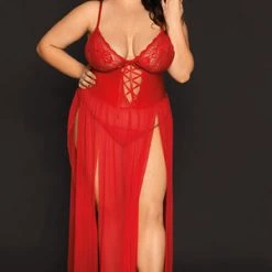 Velvet Kitten Queen Red Hot Vinyl And Lace Nightgown Plus Size