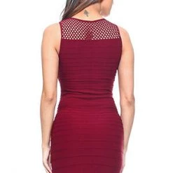 Yelete Trending Sellers Wine Red High Neck Fishnet Sleeveless Bodycon Dress