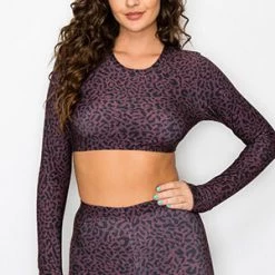 Yelete Trending Sellers Purple Diva Leopard Long Sleeve Cropped Top