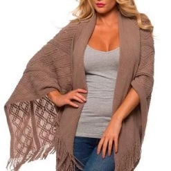 Velvet Kitten Beige Wrap With Fringe